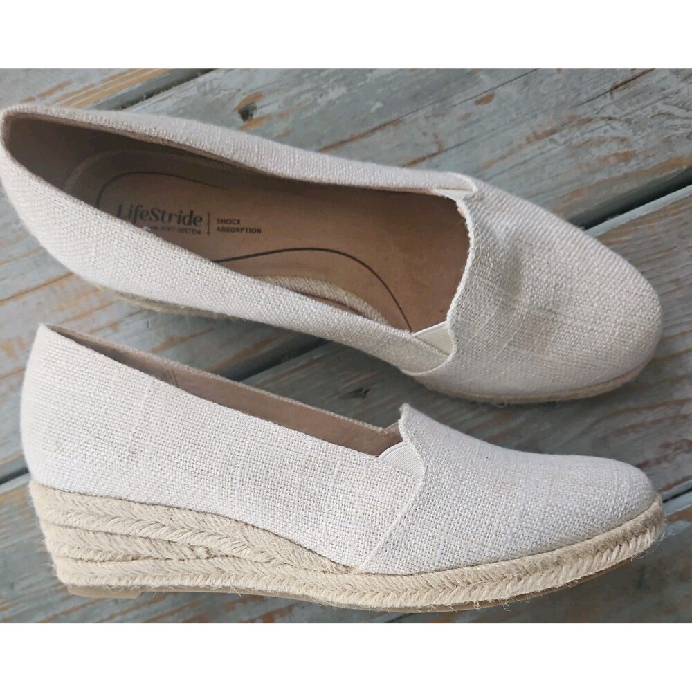 LifeStride Cream Fabric Kamilla Espadrille Wedge Slip On Shoes Sz 8 M